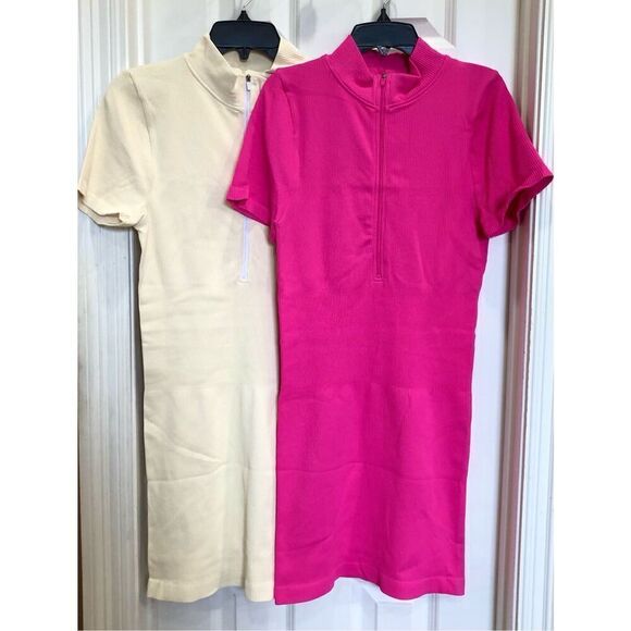 OQQ - 🎉HP🎉 NWT 2-Piece BodyCon Ribbed Zip-Front Short Sleeve Minis/Rose/Cream - Picture 2 of 16